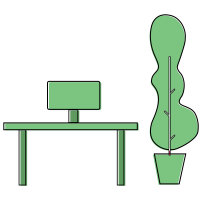 a drawing of a desk, computer and plant